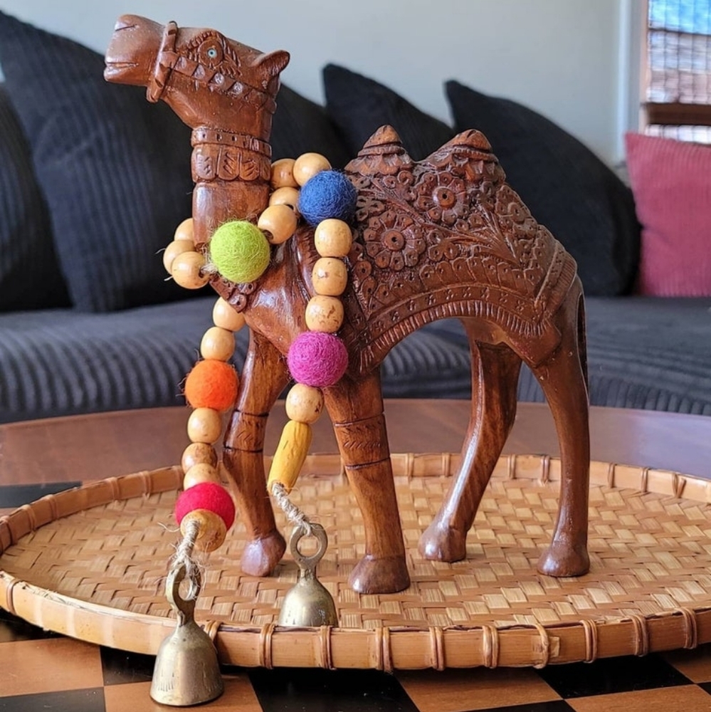 🪞 Felt & Wood Bead Garland with Bells Wooden Boho Maximalist Colorful Decor